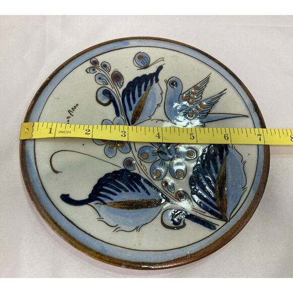 Ken Edwards Mexican Pottery Flat Lid Trivet Tile 7” Blue Brown Bird Signed - Picture 4 of 4